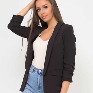 89th + Madison Women's Black Open Front Blazer Ruched 3/4 Sleeves‎ Petite Medium